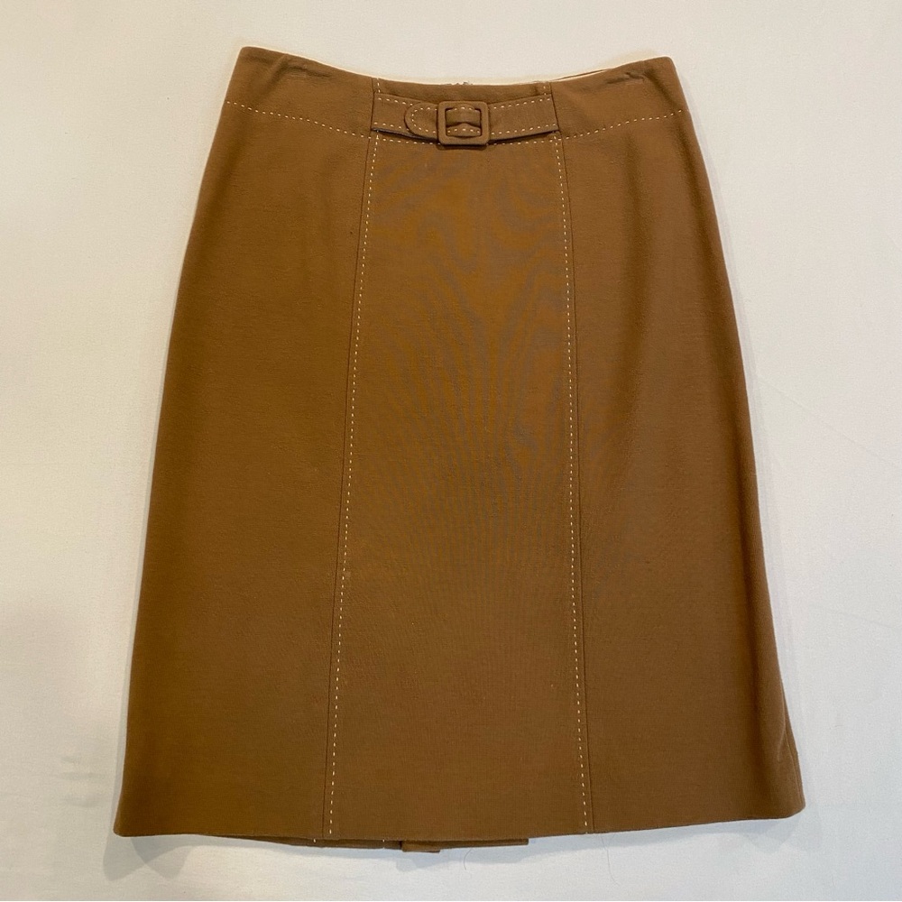 Rebecca Taylor Elegant Tan Midi Skirt with Belt Buckle Detail, Size 6 28" Waist